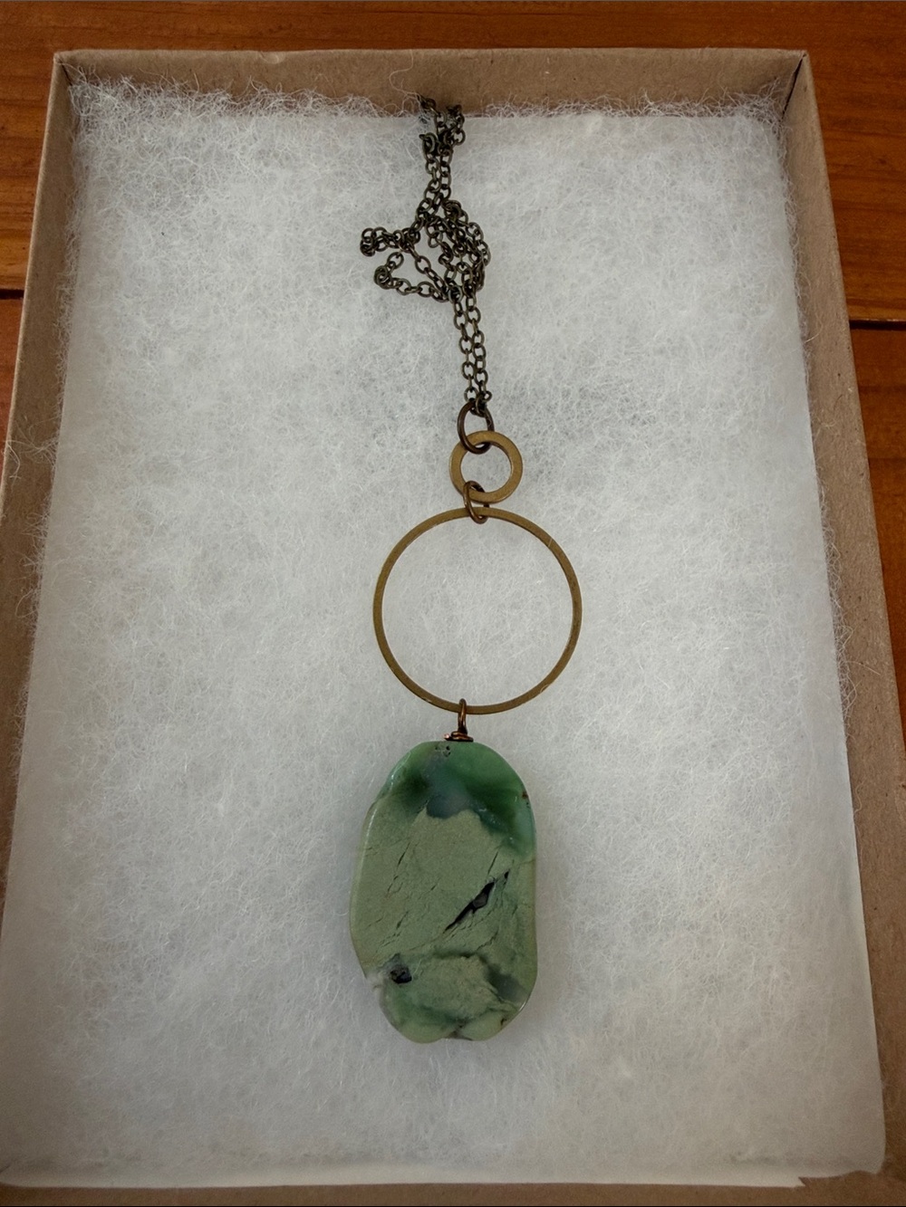 Artisan made Chrysoprase Pendant Necklace w/ Brass Circle, NWT